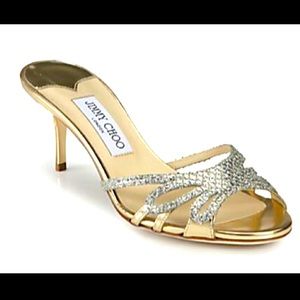 Jimmy Choi Mimi Glitter & Gold Metallic Slides EU 38, US 7